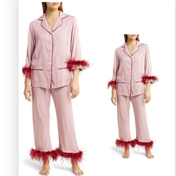 Sleeper Pink/Red Pajama Double  Ostrich Feather Pants & Button Up NWT $395.00 - Picture 1 of 12